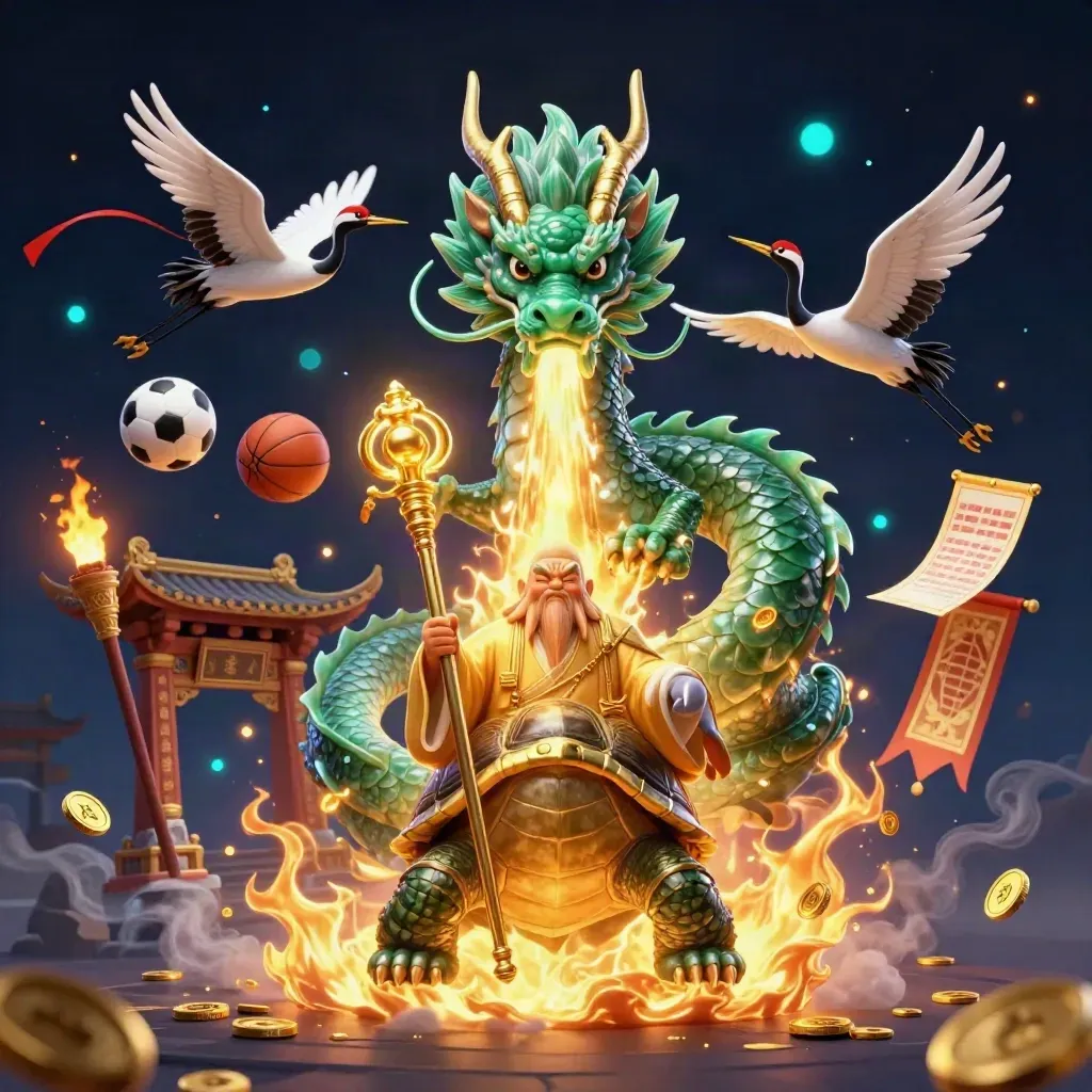 Jade-Drache, Schildkröte und Kraniche im goldenen Magie-Spektakel vor dunklem Casinohintergrund.