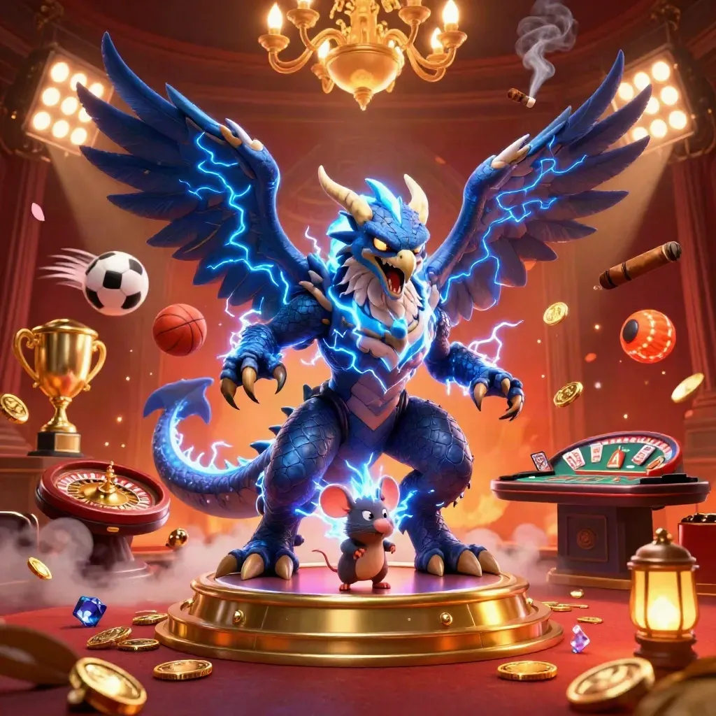 Thunderdrache, Windfalke und Blitzmaus in luxuriöser Casino-Action mit Gold, Licht und Rauch.
