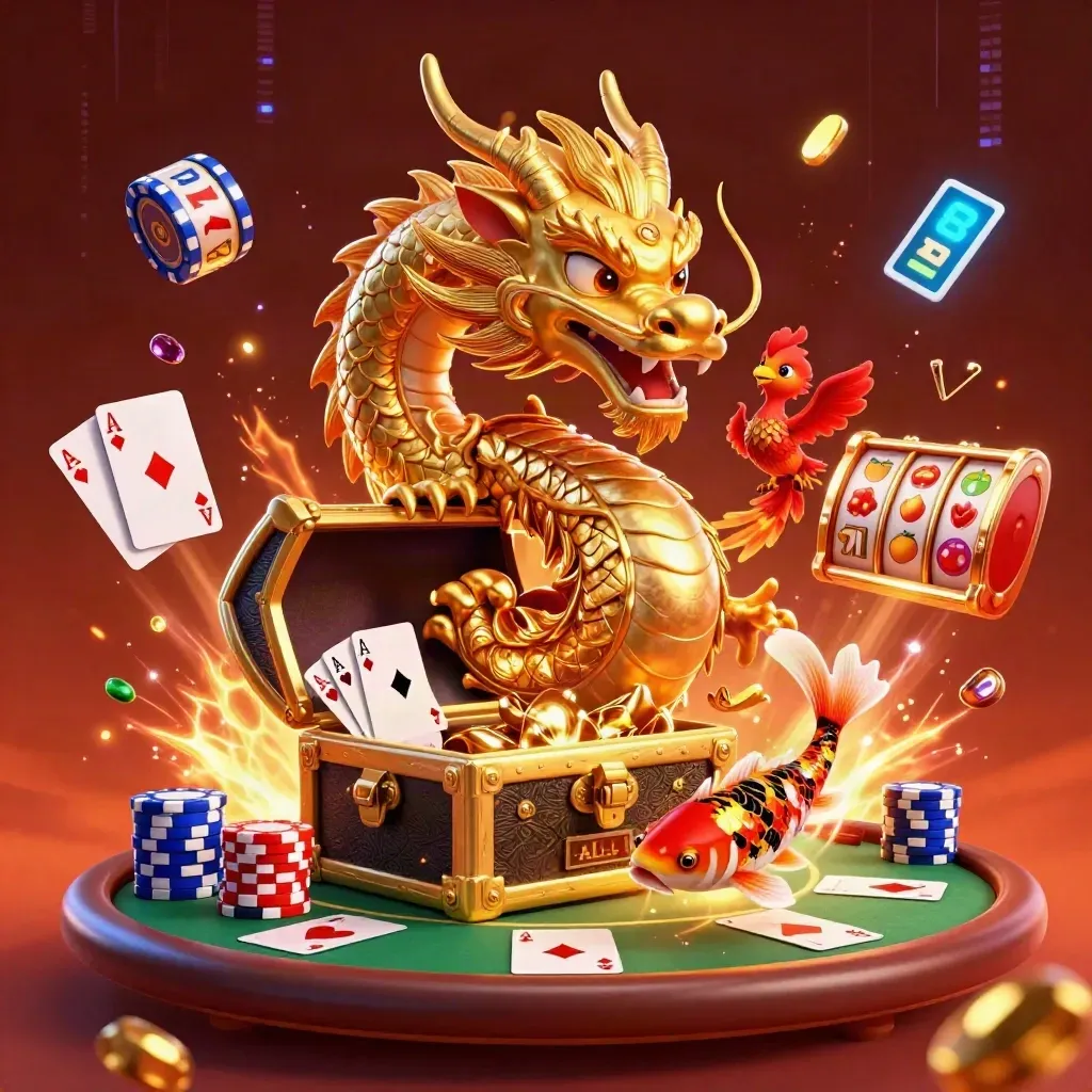 Goldener Drache mit Phönix, Koi, Pokerchips und funkelnden Casino-Effekten vor dunklem Rot.