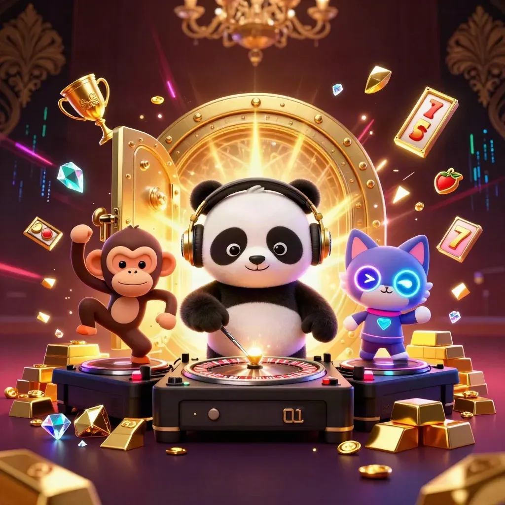 DJ-Panda, tanzender Affe und Glow-Stick-Kätzchen vor Goldtresor im Casino-Luxus