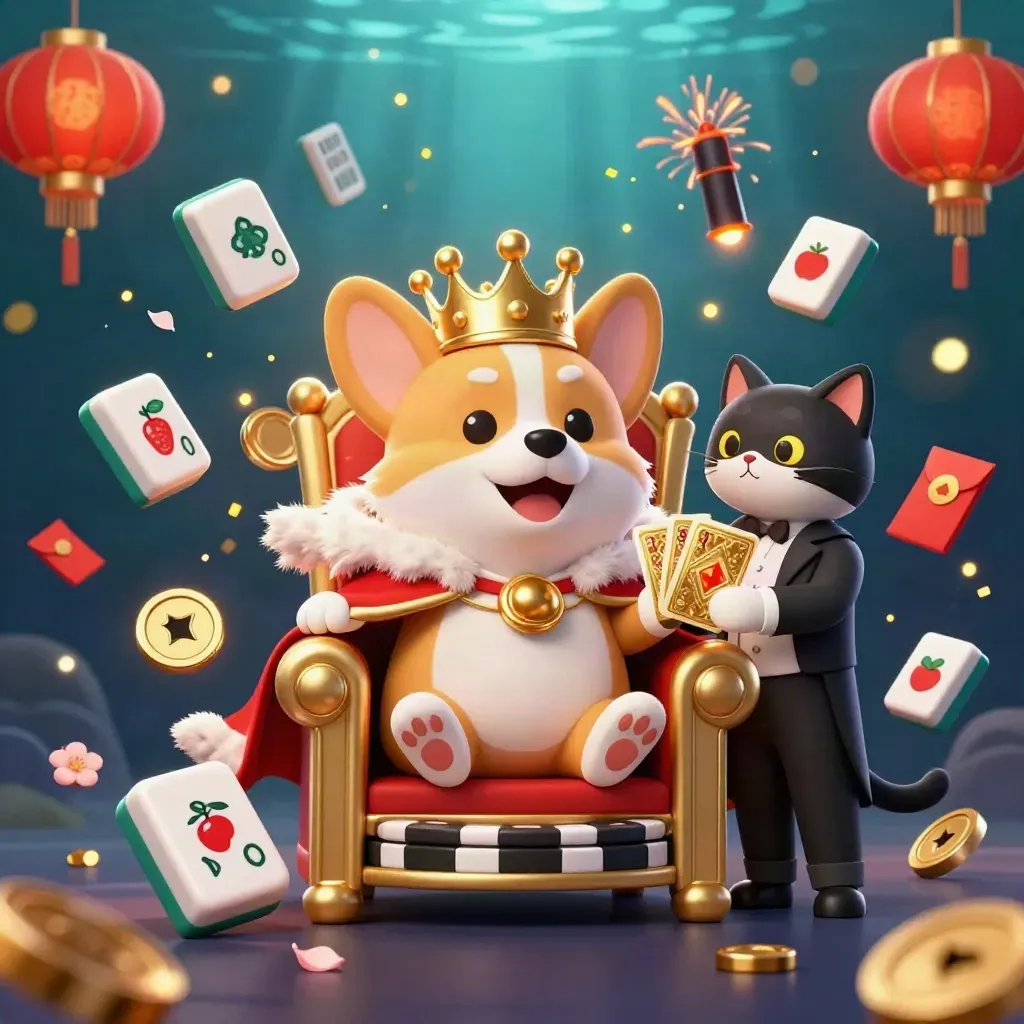 Royaler Corgi und Katzenbutler auf Pokerchip-Thron, umgeben von Gold, Jade und Neonlichtern