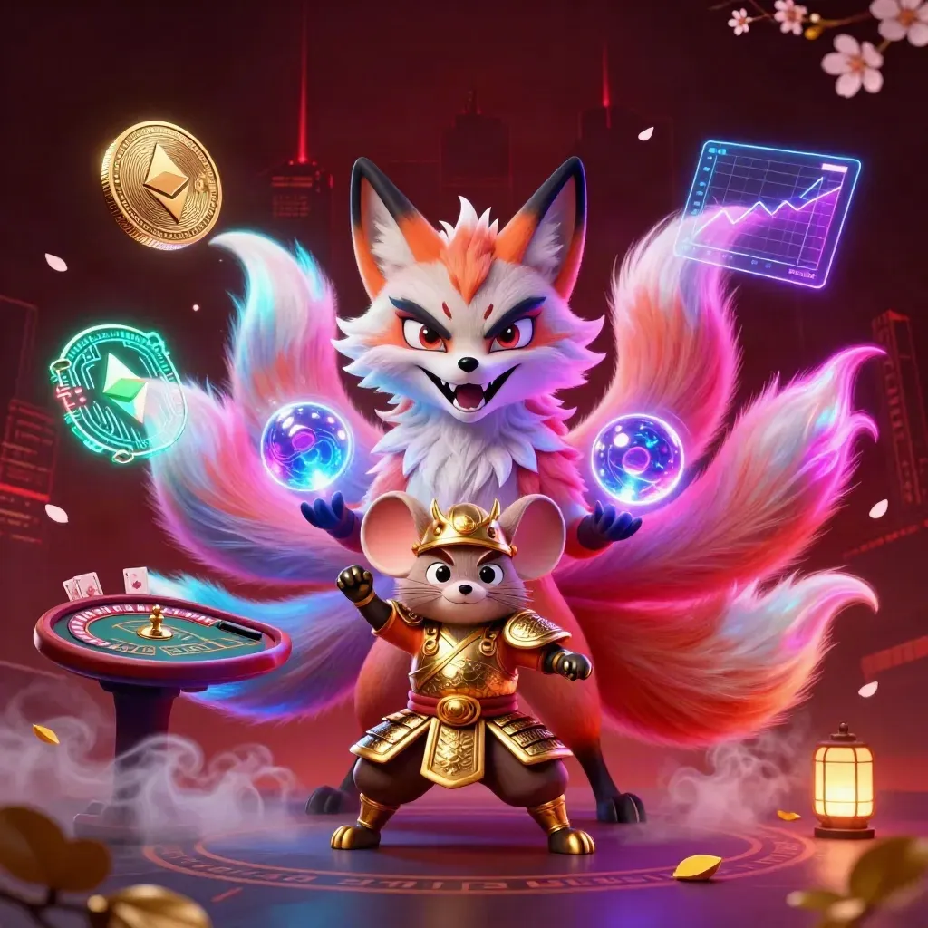 Neunschwänziger Fuchsgeist mit Samurai-Maus, Goldmünzen und Roulette in dunkler Casino-Atmosphäre