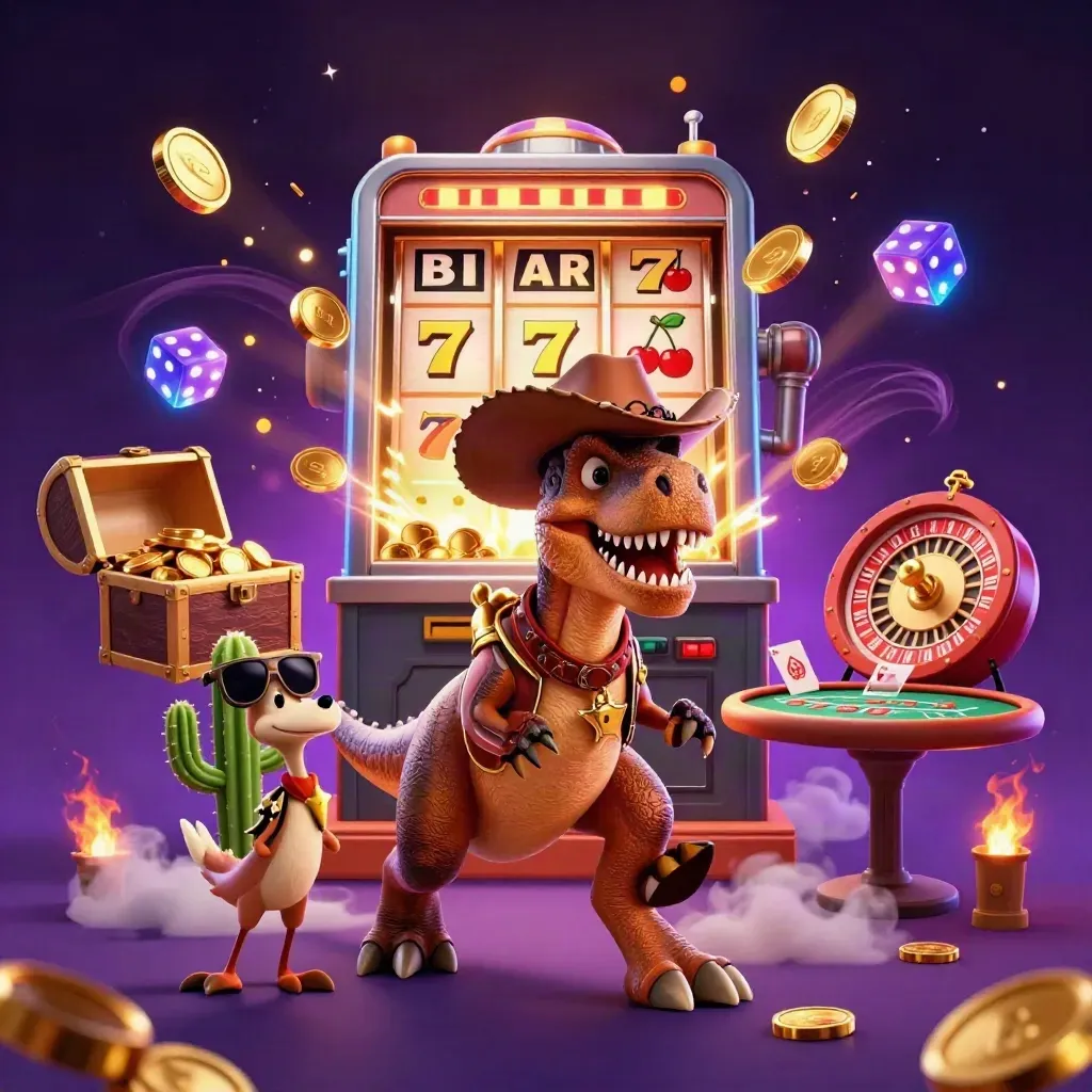 T-Rex-Cowboy, Kaktus und Roadrunner mit Gold, Slot, Roulette und Casino-Licht.