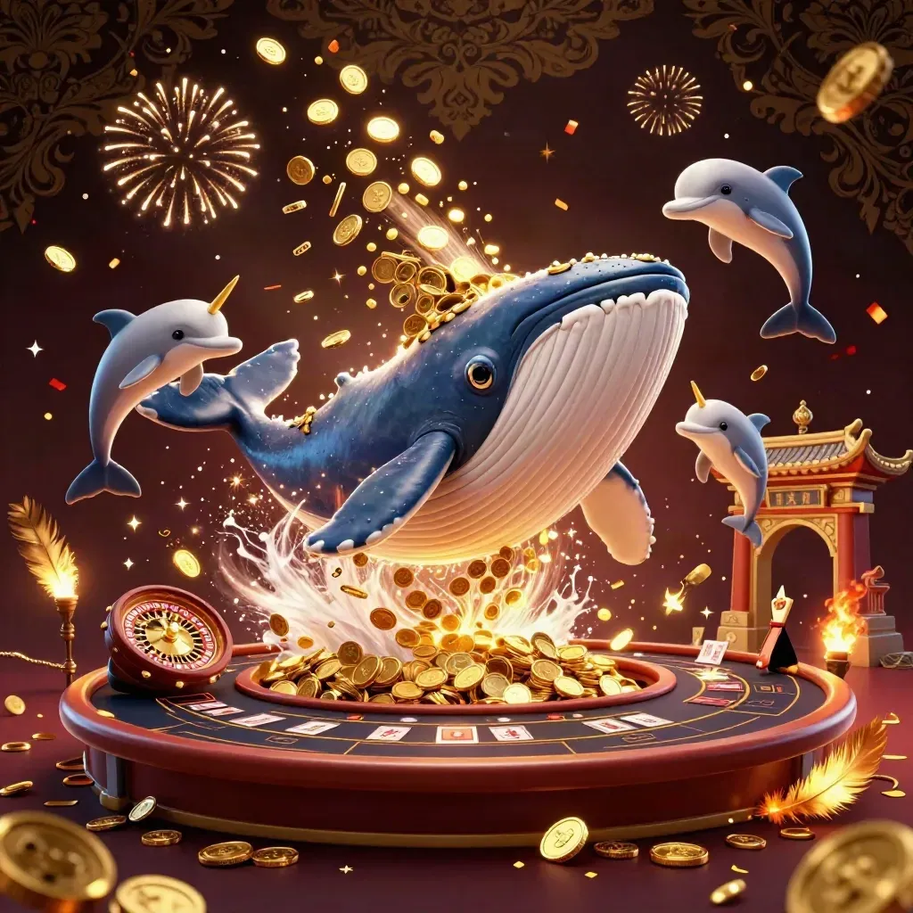Wal, Narwal und Delfine feiern zwischen Goldmünzen, Roulette und Feuerwerk im Luxuscasino.