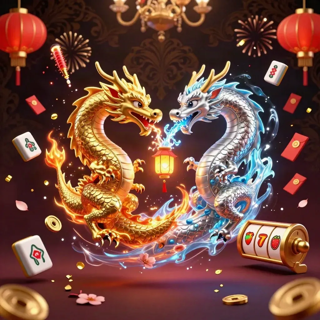 Goldener und silberner Drache im Yin-Yang mit Casino-Glanz und funkelnden Spielsymbolen.