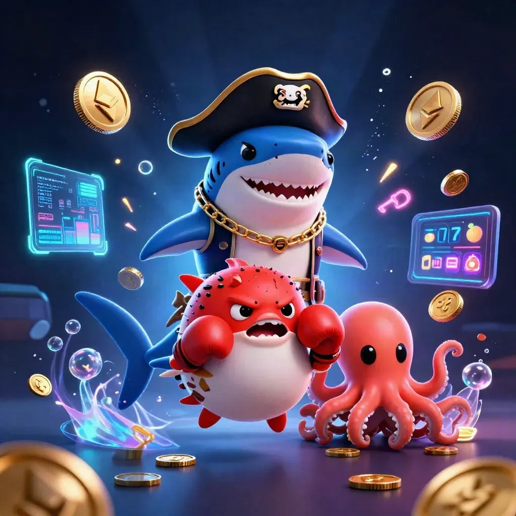 Drei Cartoon-Meeresfiguren mit Coins und Casino-Effekten vor dunklem Neonhintergrund.