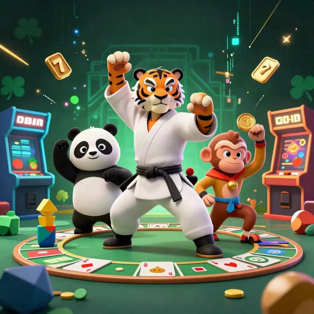 Tiger, Panda und Affe als Casino-Helden mit Chips, Karten und goldenen Lichteffekten.