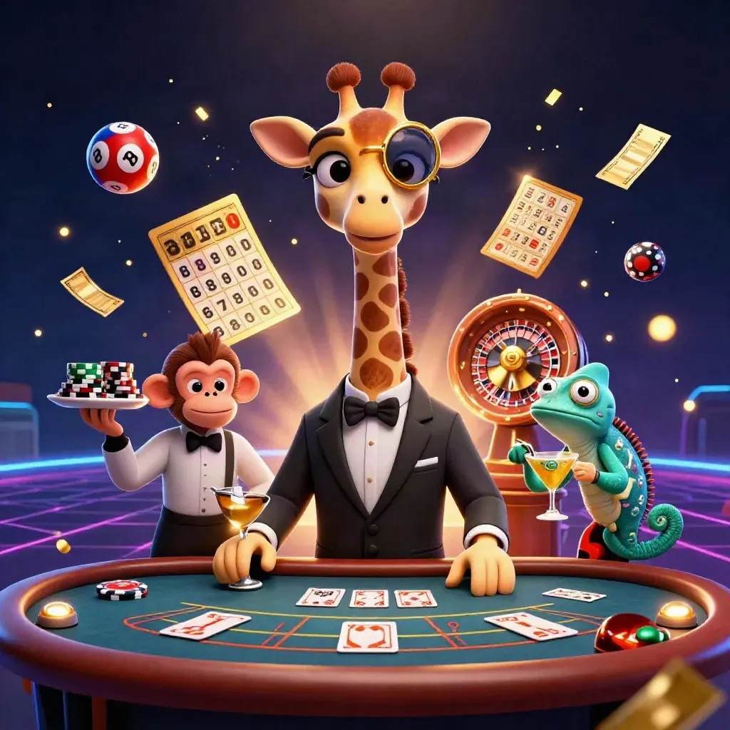 Drei Casino-Maskottchen, Bonusobjekte und Neonlicht im goldblauen Premium-Stil.