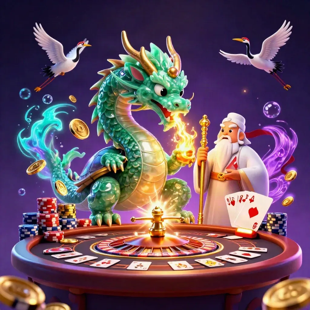 Jade-Drache, Schildkröte, Kraniche, Goldmünzen, Roulette und Karten in Neonlicht