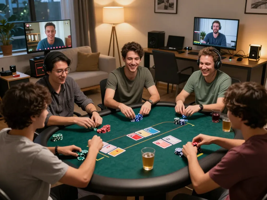 Players engaging in an online poker game featuring sc88 strategy in a cozy home setting.