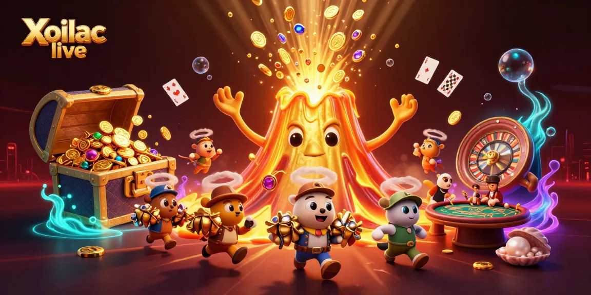 Xoilac live showcases an energetic casino scene with a golden volcano erupting coins and vibrant cards.
