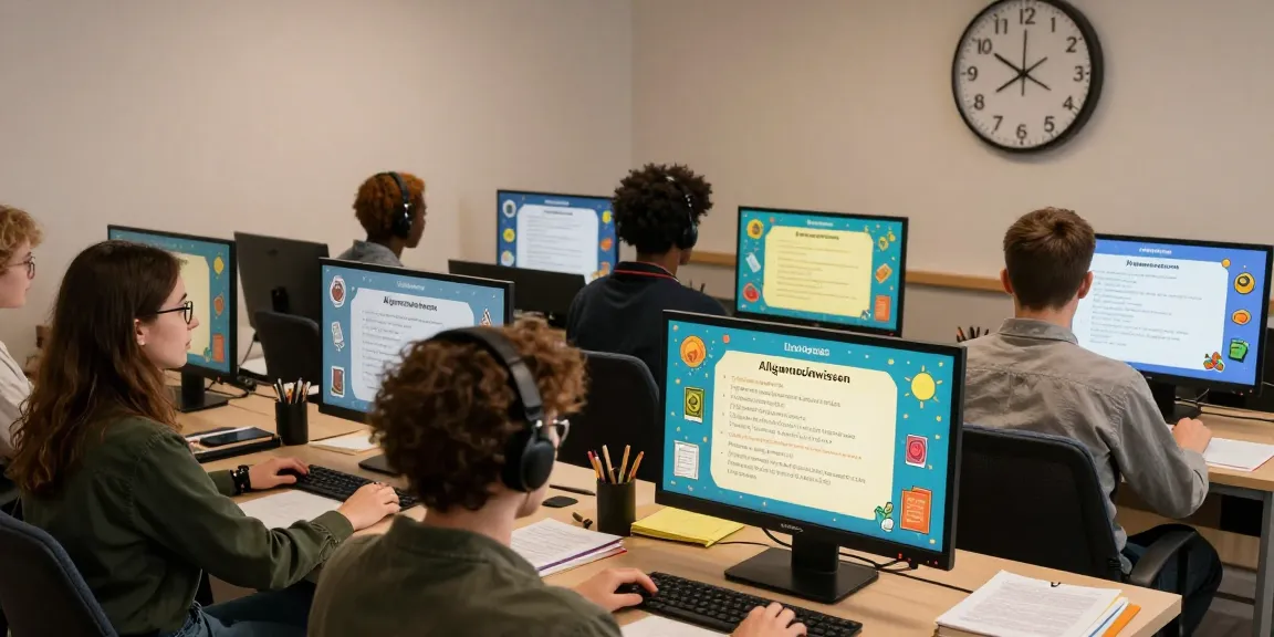 Teilnehmende an einem Quiz Allgemeinwissen, die an Computern sitzen und mit neugierigen Gesichtern Fragen beantworten, umgeben von Notizen und Büchern.