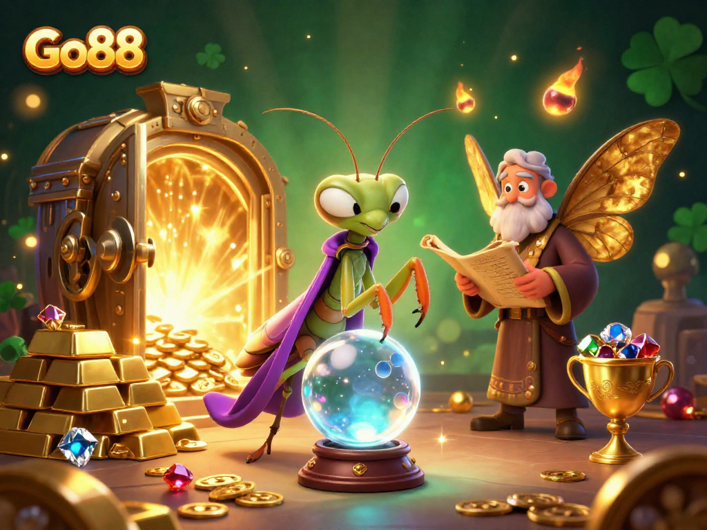Engage with Go88, where a 3D fortune teller unveils mystical treasures in a vibrant casino setting.