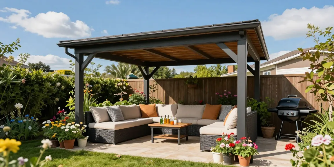 Gemütliche Terrasse mit freistehender Terrassenüberdachung, umgeben von einem blühenden Garten und einer einladenden Sitzecke.