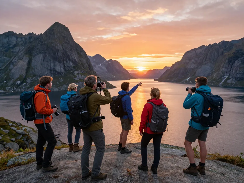 Urlaub in Skandinavien Wanderer genießen den Sonnenuntergang auf den Lofoten.