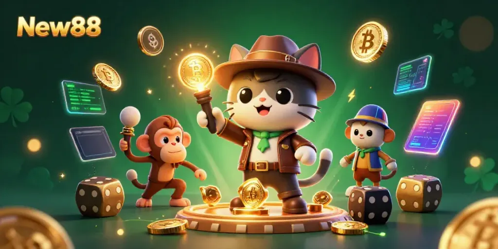Experience the allure of New88 with a cartoon cat archaeologist discovering casino treasures in a colorful temple scene.