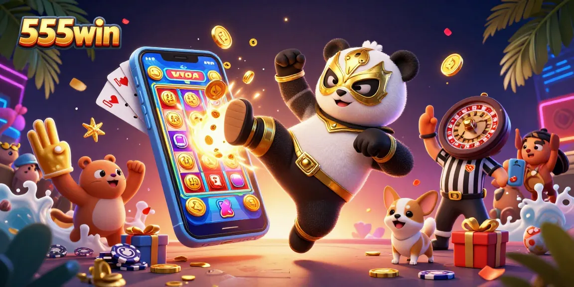 Engage in thrilling moments with 555win as a panda wrestler performs a flying kick amidst casino gaming excitement.