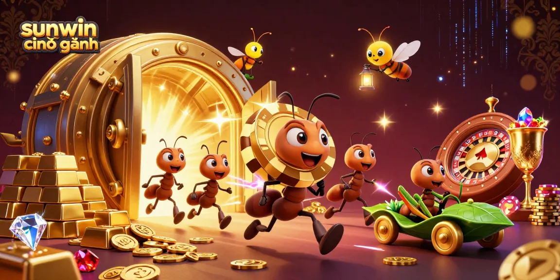 Sparkling casino adventure with sunwin chính hãng theme featuring ants, poker chips, and treasure