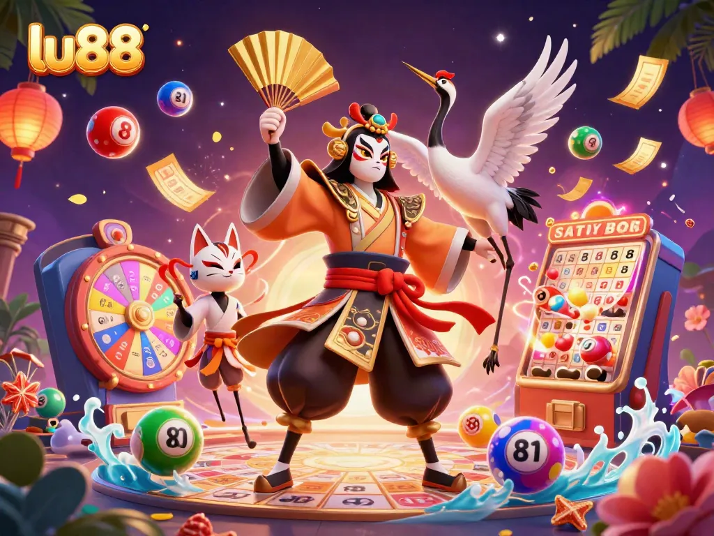 Experience the excitement of gambling with LU88, featuring vibrant characters, dynamic symbols, and festive elements.