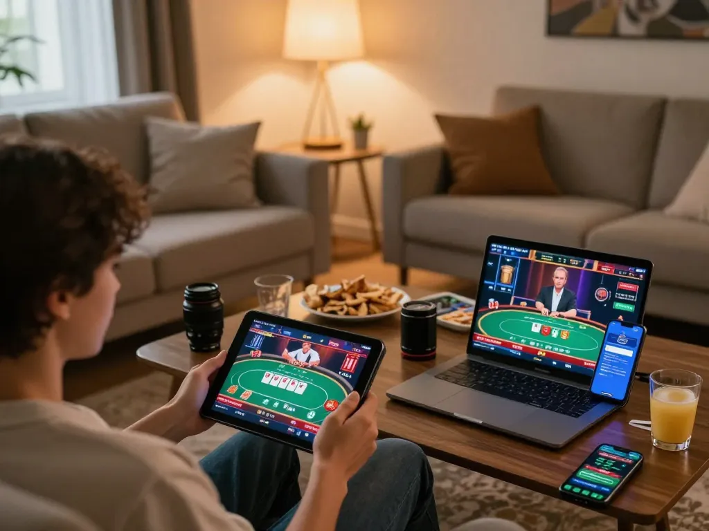 Engaging gaming experience at home with hz 88 online casino on a tablet showcasing a poker game.