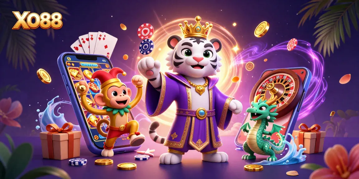 Experience the magic of XO88 with a vibrant 3D casino illustration featuring a royal white tiger and lively game elements.