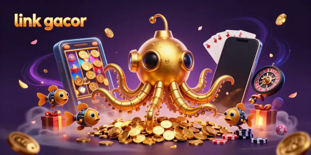 Dive into excitement with "link gacor", showcasing a golden kraken submarine amidst a cascade of coins and slots.