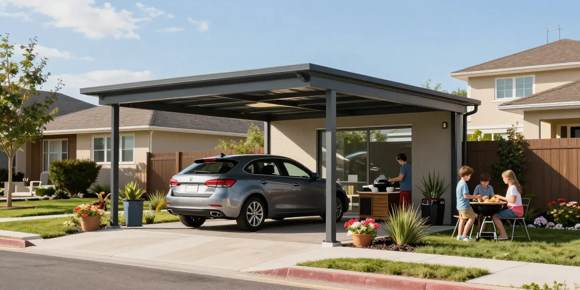 Moderne Carport mit geparktem Auto in einem sonnigen Wohnviertel, umgeben von schönen Gärten und einer Familie beim Grillen.