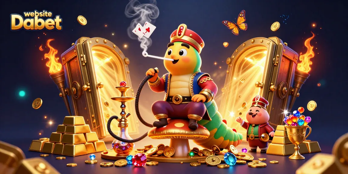 The 3D cartoon scene with website Dabet showcases a hookah-master and treasure elements, representing online gambling excitement.