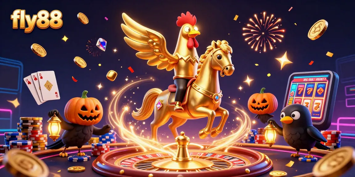 Experience the excitement at fly88 with a dazzling casino scene featuring a golden rooster and vibrant gaming elements.