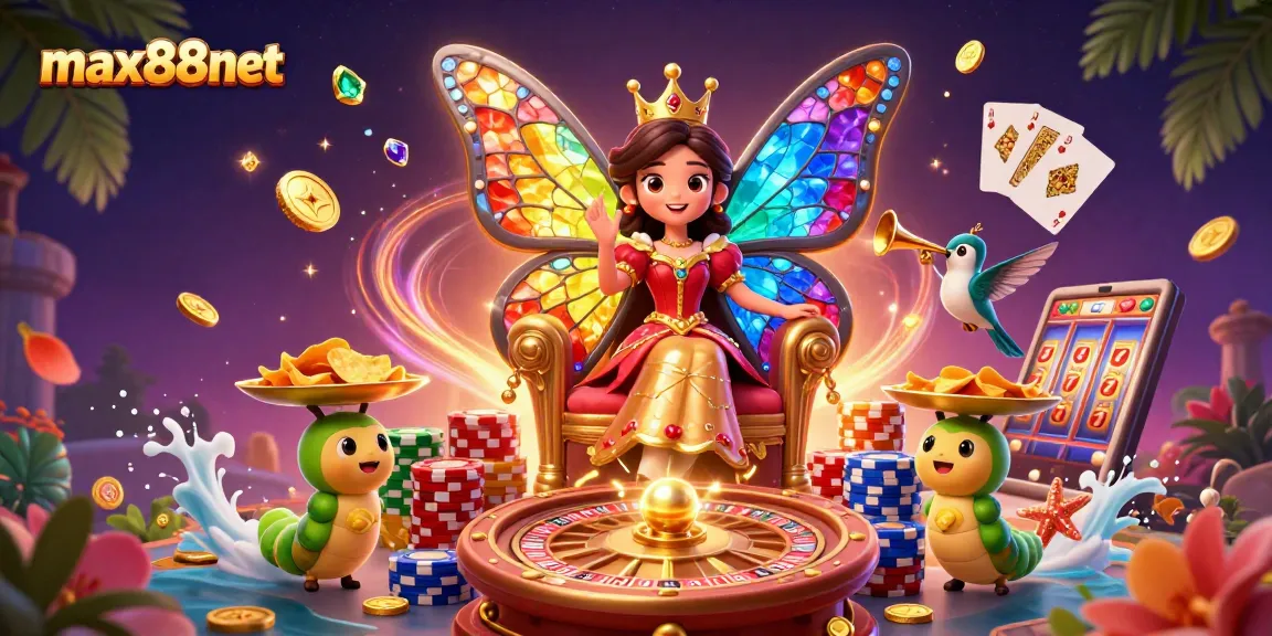 Experience the vibrant thrills of max88net featuring a butterfly queen and rich casino elements.
