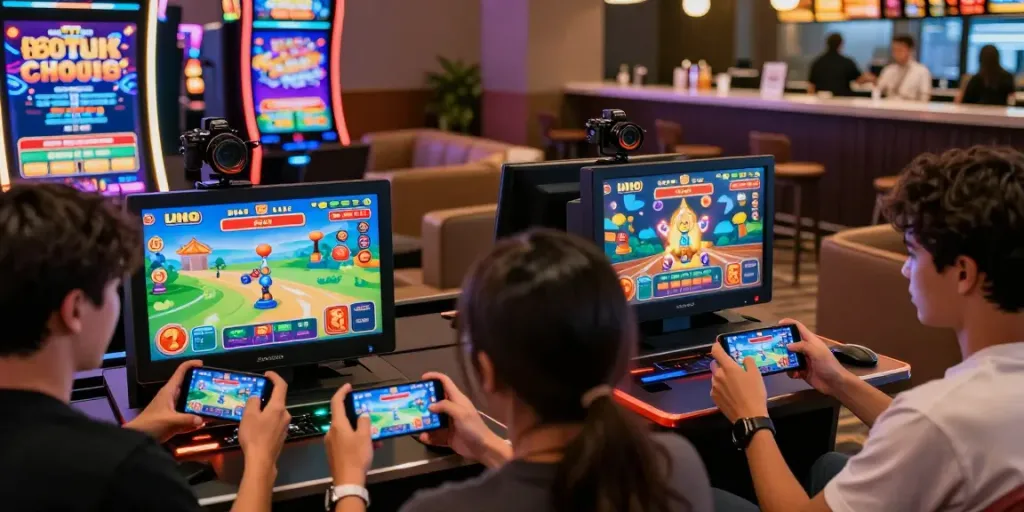 Junge Spieler, die an einem mobilen Casino teilnehmen, hier geht es zum Vergleich von Spielen und Anbietern, lebendige Grafiken und eine einladende Atmosphäre.
