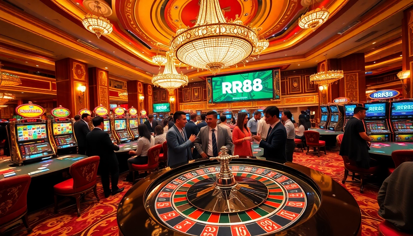 Experience the excitement of RR88 with vibrant casino visuals including poker chips and roulette.