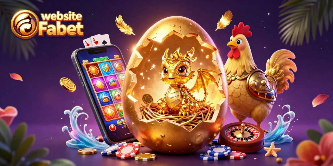 This vibrant scene depicts the website Fabet with a golden dragon amidst poker chips and casino elements.