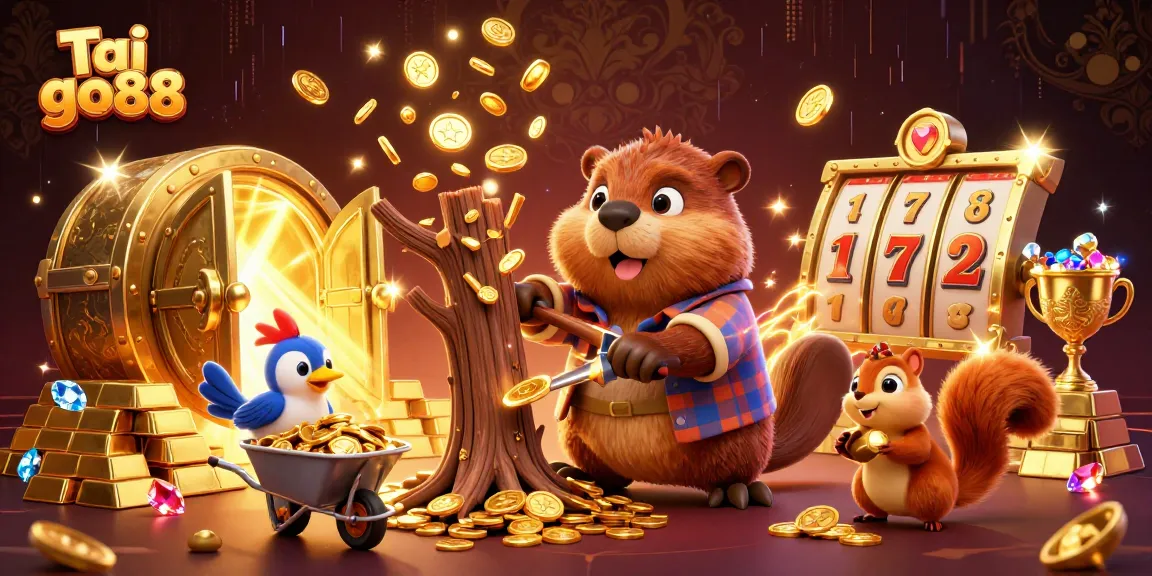 Play exciting games at Tai go88, featuring vibrant characters and golden treasures in this captivating illustration.