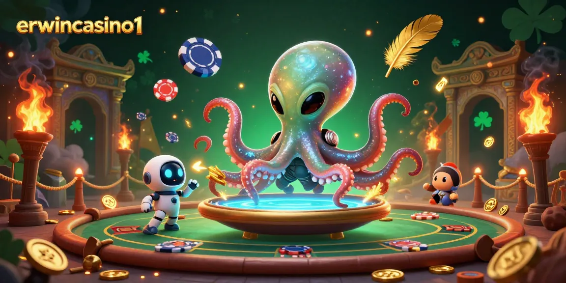 Gewinner im erwincasino1: Alien-Oktopus und Roboter am holografischen Pokertisch.